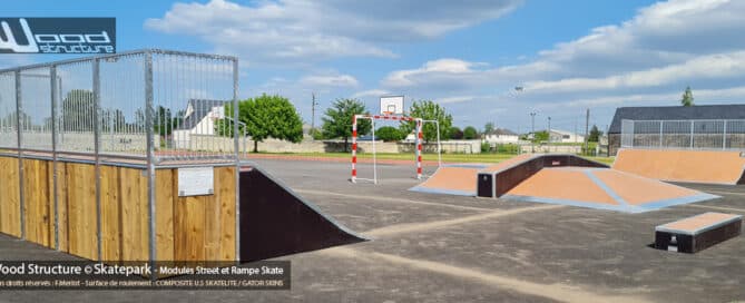 Skatepark de Bourgueil - Indre-et-Loire (37) - région Centre-Val-de-Loire - Module et Rampe de Skatepark - Fabriqué par Wood Structure et la Sarl MERLOT Richelieu (37) - Concepteur et fabricant de Skatepark depuis 1990