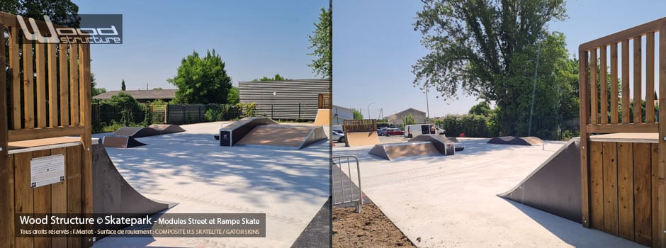 Skatepark de Castillon-la-Bataille - Gironde (33)- Région Nouvelle-Aquitaine - Sud-Ouest - Module et Rampe de Skatepark - Fabriqué par Wood Structure et la Sarl MERLOT Richelieu (37) - Concepteur et fabricant de Skatepark depuis 1990