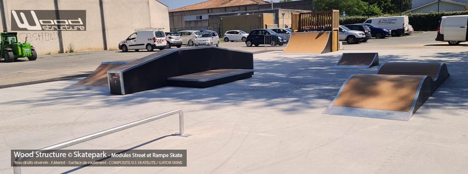 Skatepark de Castillon-la-Bataille - Gironde (33)- Région Nouvelle-Aquitaine - Sud-Ouest - Module et Rampe de Skatepark - Fabriqué par Wood Structure et la Sarl MERLOT Richelieu (37) - Concepteur et fabricant de Skatepark depuis 1990