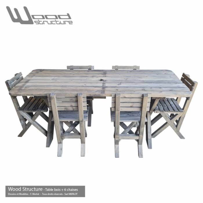 Table de jardin avec 6 chaises en sapin du nord autoclave classe 3 marron, vert ou gris - Fabriquée en France par la Sarl Merlot & Wood Structure - Mobilier bois