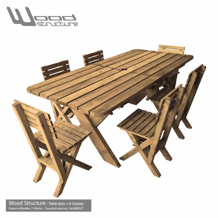 Table de jardin avec 6 chaises en sapin du nord autoclave classe 3 marron, vert ou gris - Fabriquée en France par la Sarl Merlot & Wood Structure - Mobilier bois