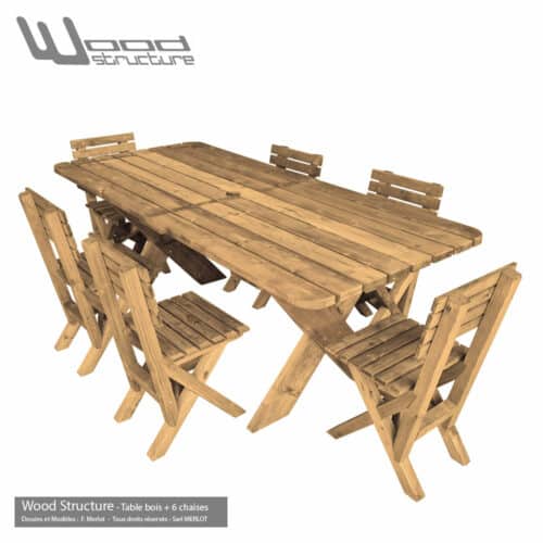 Table de jardin avec 6 chaises en sapin du nord autoclave classe 3 marron, vert ou gris - Fabriquée en France par la Sarl Merlot & Wood Structure - Mobilier bois