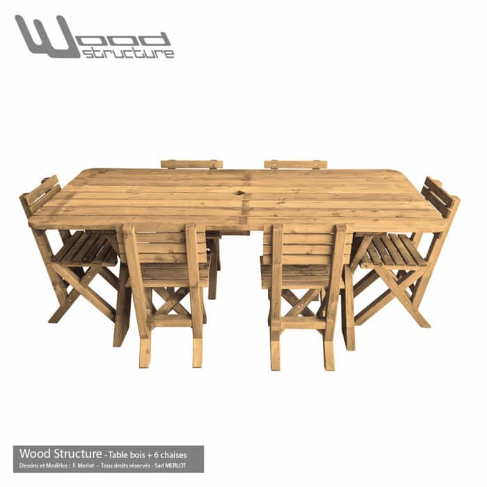 Table de jardin avec 6 chaises en sapin du nord autoclave classe 3 marron, vert ou gris - Fabriquée en France par la Sarl Merlot & Wood Structure - Mobilier bois