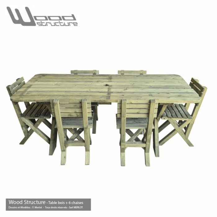 Table de jardin avec 6 chaises en sapin du nord autoclave classe 3 marron, vert ou gris - Fabriquée en France par la Sarl Merlot & Wood Structure - Mobilier bois