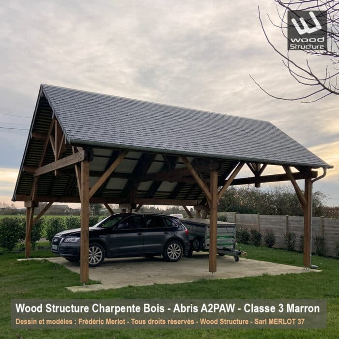 Abri carport 2 pans asymétriques A2PAW - Wood Structure - Abri voiture carport charpente bois livrée en kit avec fournitures et plan de montage - Fabriqué en France à Richelieu par la Sarl MERLOT - Indre-et-Loire - Touraine - Région Centre Val de Loire