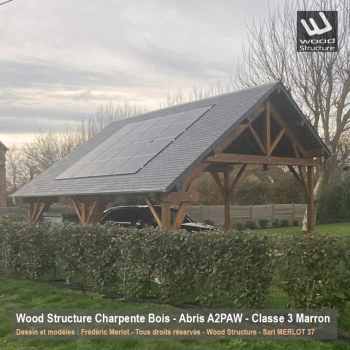 Abri carport 2 pans asymétriques A2PAW - Wood Structure - Abri voiture carport charpente bois livrée en kit avec fournitures et plan de montage - Fabriqué en France à Richelieu par la Sarl MERLOT - Indre-et-Loire - Touraine - Région Centre Val de Loire