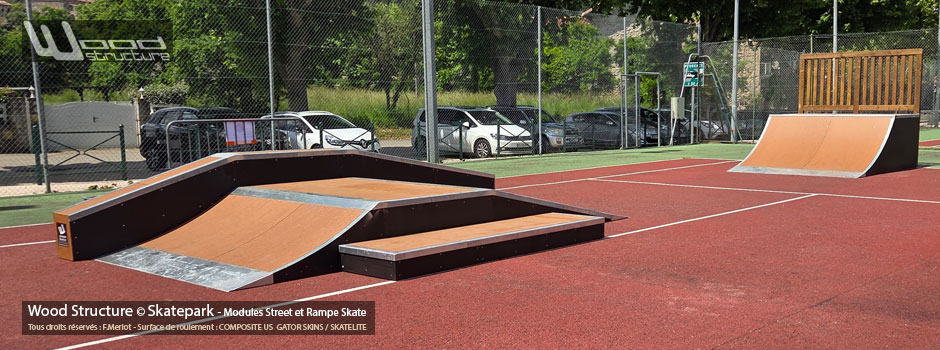 Skatepark de Saint-Paul-Le-Jeune (07) - Ardèche - Auvergne Rhône-Alpes - Fabriquée par Wood Structure et la Sarl MERLOT Richelieu (37) Concepteur et fabricant de Skatepark depuis 1990