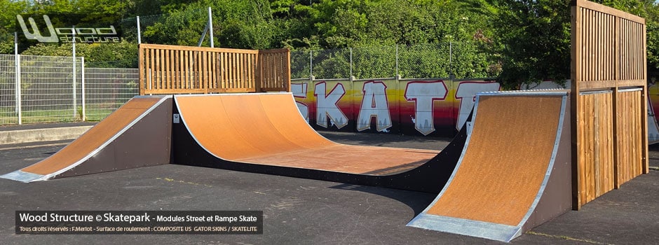 Modules Funbox H110L240 et Rampe H140L360 - Skatepark de Carentan-les-Marais - La Manche - Normandie - Cotentin - Fabriquée par Wood Structure et la Sarl MERLOT Richelieu (37) Concepteur et fabricant de Skatepark depuis 1990