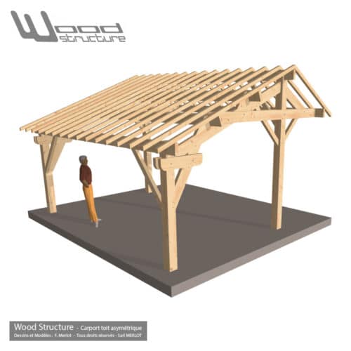 Abri Carport 2 Voitures - 2 Pans Asymétrique - A2PAW 6.5x5.5 - Charpente bois livrée en kit - Abris Garage Charpente Bois prêt à monter - Wood Structure - livré en kit avec fourniture et plan de montage - Fabriqué en France à Richelieu - Indre-et-Loire - Touraine - Région Centre Val de Loire