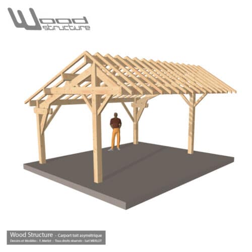 Abri Carport 2 Voitures - 2 Pans Asymétrique - A2PAW 6.5x5.5 - Charpente bois livrée en kit - Abris Garage Charpente Bois prêt à monter - Wood Structure - livré en kit avec fourniture et plan de montage - Fabriqué en France à Richelieu - Indre-et-Loire - Touraine - Région Centre Val de Loire