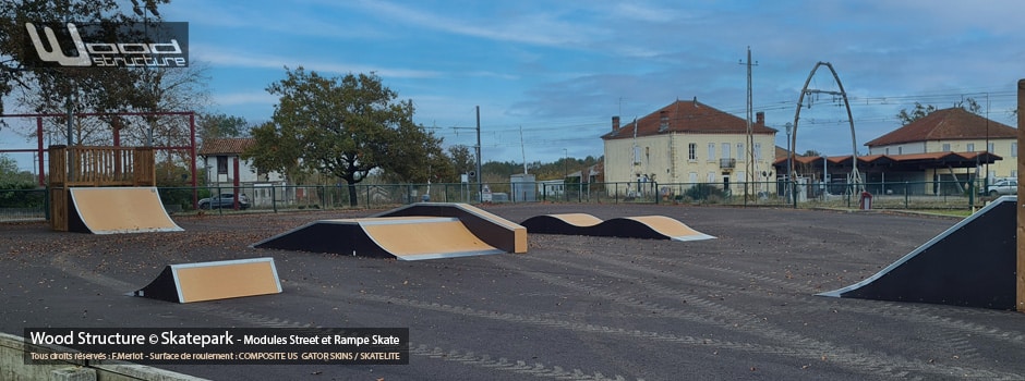 Modules de Skatepark à Rion-des-Landes (40) Landes - région Nouvelle-Aquitaine - Pays Tarusate - Fabriquée par Wood Structure et la Sarl MERLOT Richelieu (37) Concepteur et fabricant de Skatepark depuis 1990