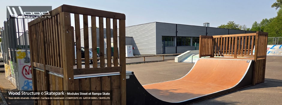 Rampe skate RSWH100L240 - Skatepark de Montlouis-sur-Loire - 37 - Indre-et-Loire - Région-Centre Val de Loire - Fabriquée par Wood Structure et la Sarl MERLOT Richelieu (37) Concepteur et fabricant de Skatepark depuis 1990
